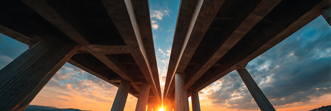 Perspective view from underneath a concrete highway bridge at sunset showing massive pillars and an orange sky with cloud formations.