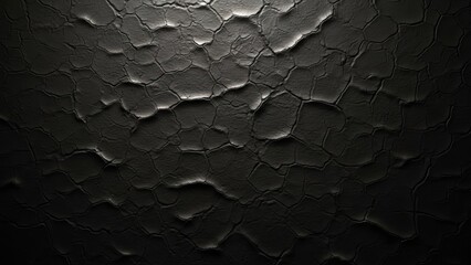 Dark cracked earth texture background with dramatic lighting suggesting drought and intense heat or abstract surface detail