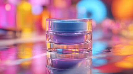 Purple cream jar reflects colorful lights on a glossy surface