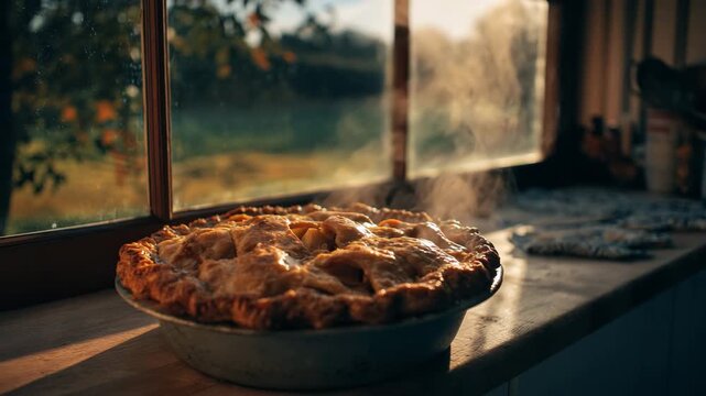 Ultra HD Freshly baked steaming apple pie cooling on a kitchen windowsill with autumn sunlight outdoors video