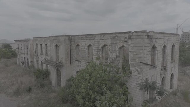 Aerial view of the ruined historic building and palace of Panah Ali Khan with flat log profile, Agdam, Azerbaijan