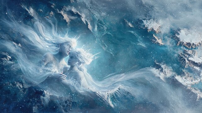 osy mystery genre meets high fantasy in a top view depiction of cold and blizzard personified as two ethereal sisters embracing the earth with an aura of mystery 