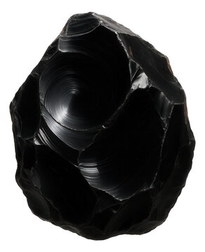 Glassy-textured obsidian with conchoidal fractures and a shiny black surface.