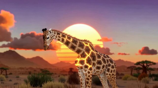 Majestic Giraffe Silhouetted Against a Vibrant Sunset in the African Savanna.