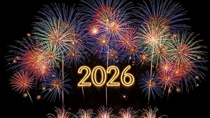 A colorful New Year 2026 fireworks display lights up the black night sky with bright red and blue pyrotechnics during a happy holiday celebration festival event