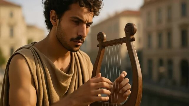 Close-up of a historical musician playing a wooden lyre. Man in a toga performs ancient Greek or Roman music. Art and culture of antiquity