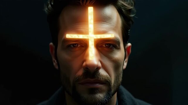 Man with a glowing cross on his forehead in a cinematic close-up. Intense spiritual portrait representing faith and religion. Divine belief concept