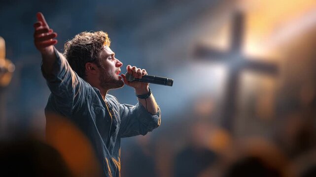 A young man singing praise and worship music into a microphone. A Christian singer on stage with a cross in the background. Faith and devotion concept