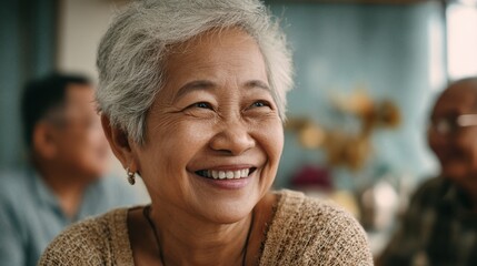 asian senior woman beaming with joy during a gathering with friends at home fostering happiness well being and social connection in retirement and elderly care
