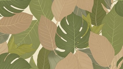 Tropical botanical pattern featuring lush green and muted brown monstera and jungle leaves in soft natural tones