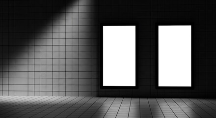 Two blank advertising billboards with black frames stand against a dark, textured wall, illuminated by a spotlight, creating a dramatic, modern display space