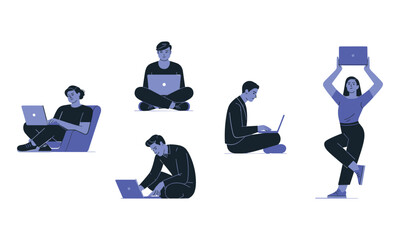 Stylized Illustrations of People Using Laptops Comfortably