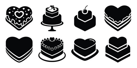 valentine heart cake minimal flat vector icon set, black color and white background