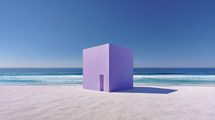 Purple cube stands out starkly on a white beach by a blue ocean