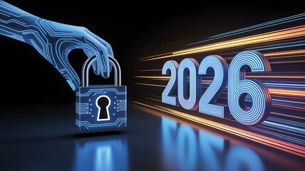 Digital hand holding padlock security concept for year 2026 cybersecurity future technology data protection
