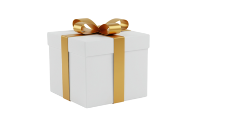 White gift box isolated on transparent background with gold ribbon and bow