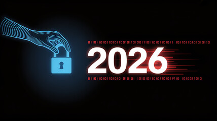 Digital security concept hand securing padlock next to year 2026 with binary code stream on dark background