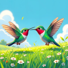 Naklejka premium Hummingbirds in flight over flowers