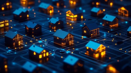 3D Rendered Village Homes Connected by Glowing Networks