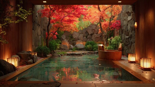 luxurious japanese onsen  wooden ofuro stone wall lanterns autumn garden vista