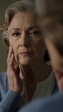 Older woman gazes at her reflection in the mirror, showing signs of anxiety about the aging process and changes in her skin. She tenderly caresses her face, lost in thought