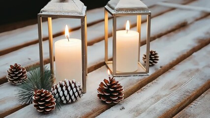 Enjoy the serene display of candles and pinecones that brings a warm, cozy feel to the winter season and home decor