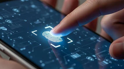 Fingerprint scanning on a smartphone screen initiates digital security authentication for access to sensitive data and applications