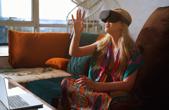 Woman exploring virtual reality with VR headset