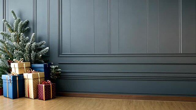 A cozy indoor area showcases holiday decorations featuring a festive tree and neatly arranged presents in a stylish setting
