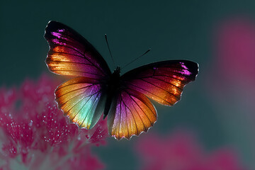 Detailed Iridescent Butterfly on Pink Flower