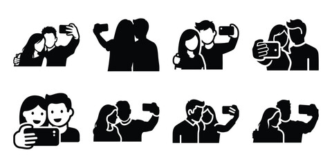 love couple selfie minimal flat vector icon set, black color and white background