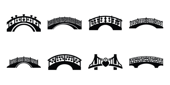 love lock bridge minimal flat vector icon set, black color and white background