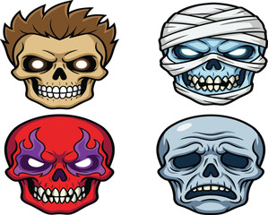 Cartoon skull character set with glowing eyes, bandages, flames, sad expression, fantasy horror theme, flat vector illustration