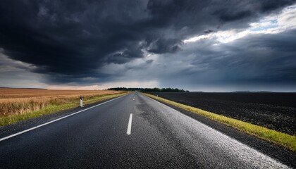 Fototapeta premium gloomy storm clouds over a black asphalt highway road with empty rural field ominous spooky dark landscape