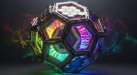 Abstract geometric shape with vibrant glowing spectrum and hexagonal accents