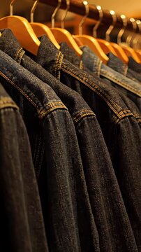 Lineup of navy blue denim jackets displayed beautifully on wooden hangers in a trendy boutique. Stylish clothing pieces available for purchase in this chic store