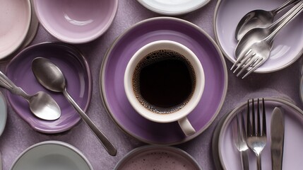 Purple hued dishes with central cup of coffee, silverware scattered around