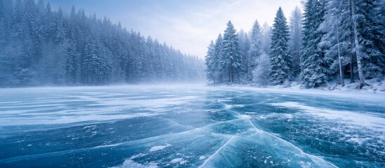 Abstract winter landscape featuring textured frozen ice in the foreground and a misty snow-covered forest in the distance, creating a cold, minimal, and atmospheric nature scene.