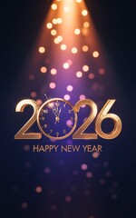 Golden 2026 new year celebration with a clock approaching midnight