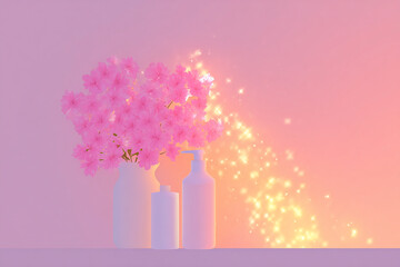 Pink Flowers and Cosmetic Bottles with Magic Light