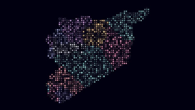 Syria animation. Shape of the country with pulsating colored dots. Small size rounded square blocks. Digital style map on dark background. Plain video.