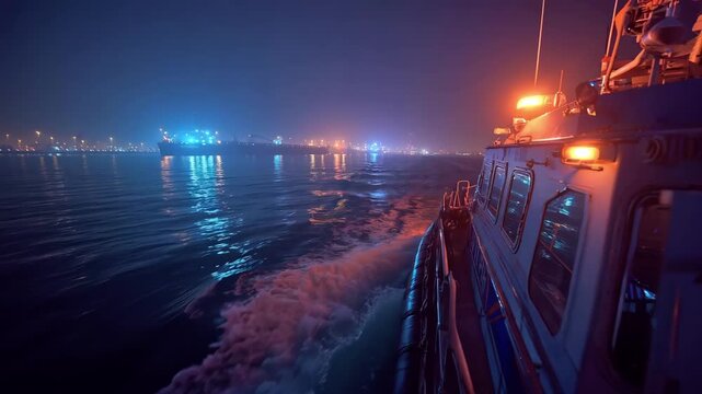 Medium shot of a pilot boat using flashing lights and radar during nighttime expertly directing a tanker through dark quiet waters into port.