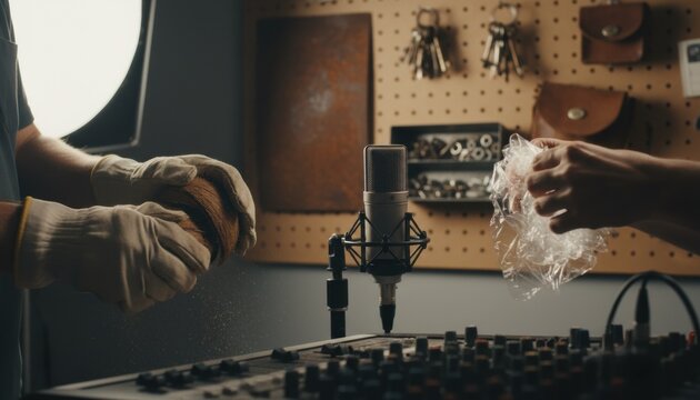 Foley artists record sound effects using coconut shells and plastic bag in professional audio studio with microphone and mixing board equipment