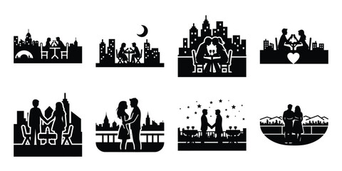 romantic rooftop date minimal flat vector icon set, black color and white background