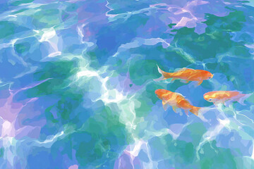 Three Goldfish Gliding in Vibrant Blue Rippled Water