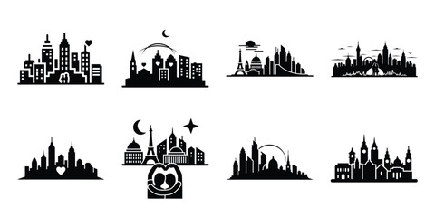 Obraz premium romantic skyline minimal flat vector icon set, black color and white background