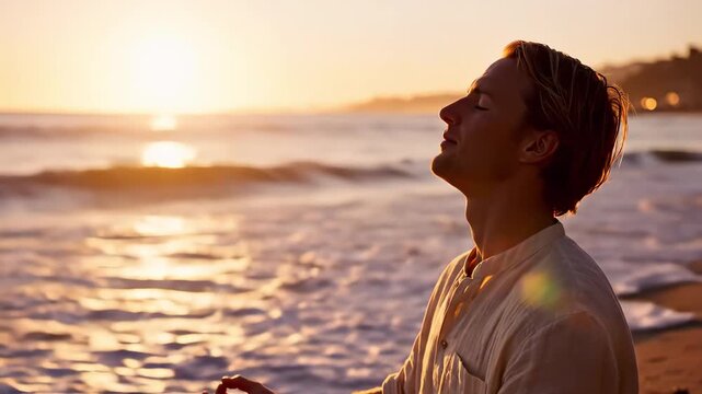 Zen state achieves man meditating in lotus pose on peaceful sunset beach with ocean view, zen harmonizing mind and nature seamlessly, zen promoting ultimate tranquility, zen great for yoga practice.