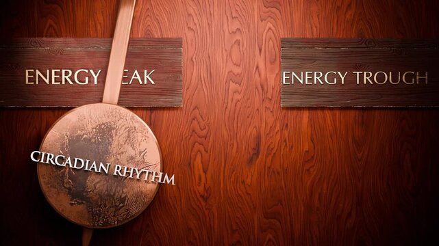 Circadian rhythm swings between energy peak and energy trough. Visualizing a repeated pattern of Circadian rhythm that cycles between extremities: energy peak and energy trough.