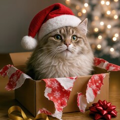A fluffy cat wearing a Santa hat relaxes in a torn-open gift box, surrounded by a softly blurred backdrop of festive lights that enhance the holiday spirit