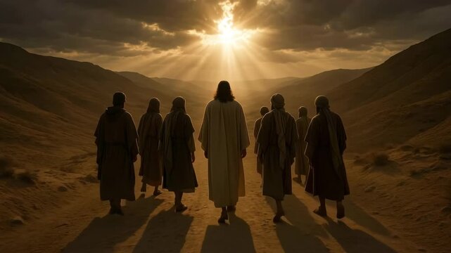 Jesus Christ leading his disciples on a walk through the desert. A spiritual journey towards a divine light at sunrise. Biblical story of faith and hope concept